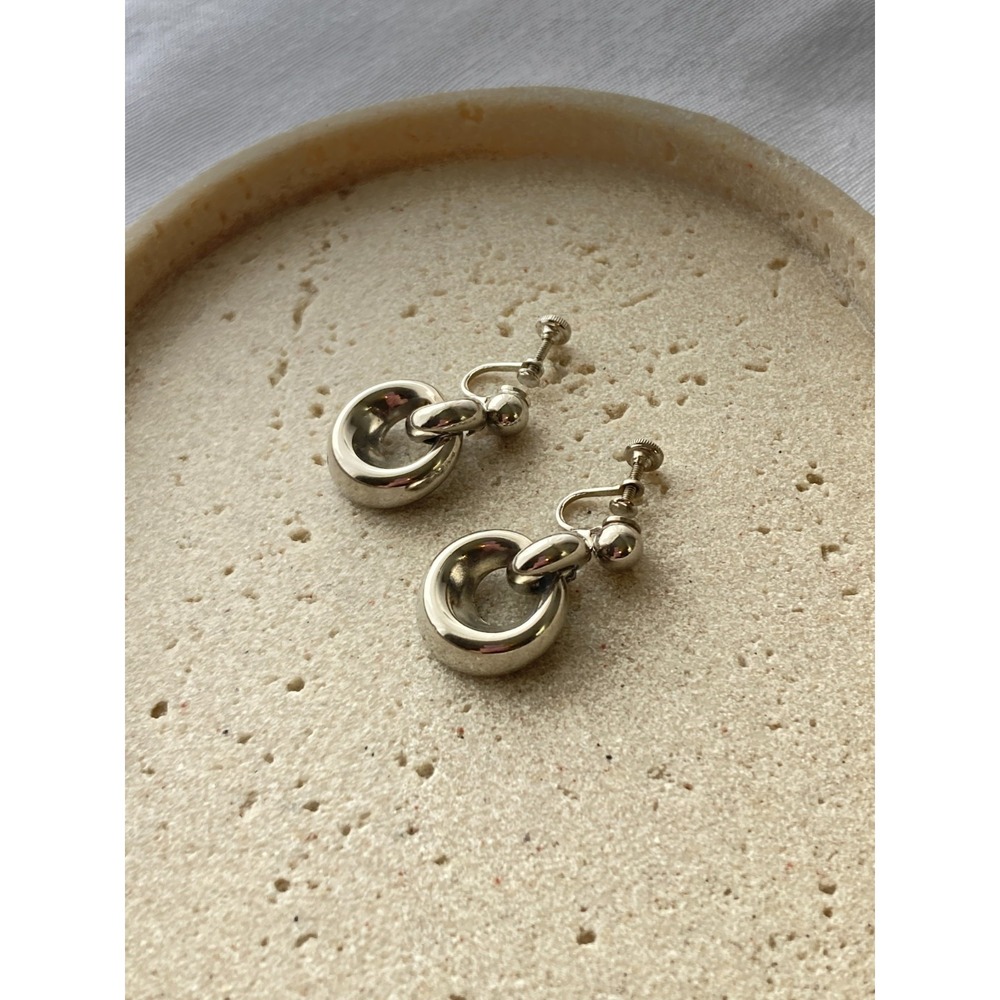 Vintage Silver Tone Screwback Dangle Earrings‎ Polished Donut Ring Drop Couture